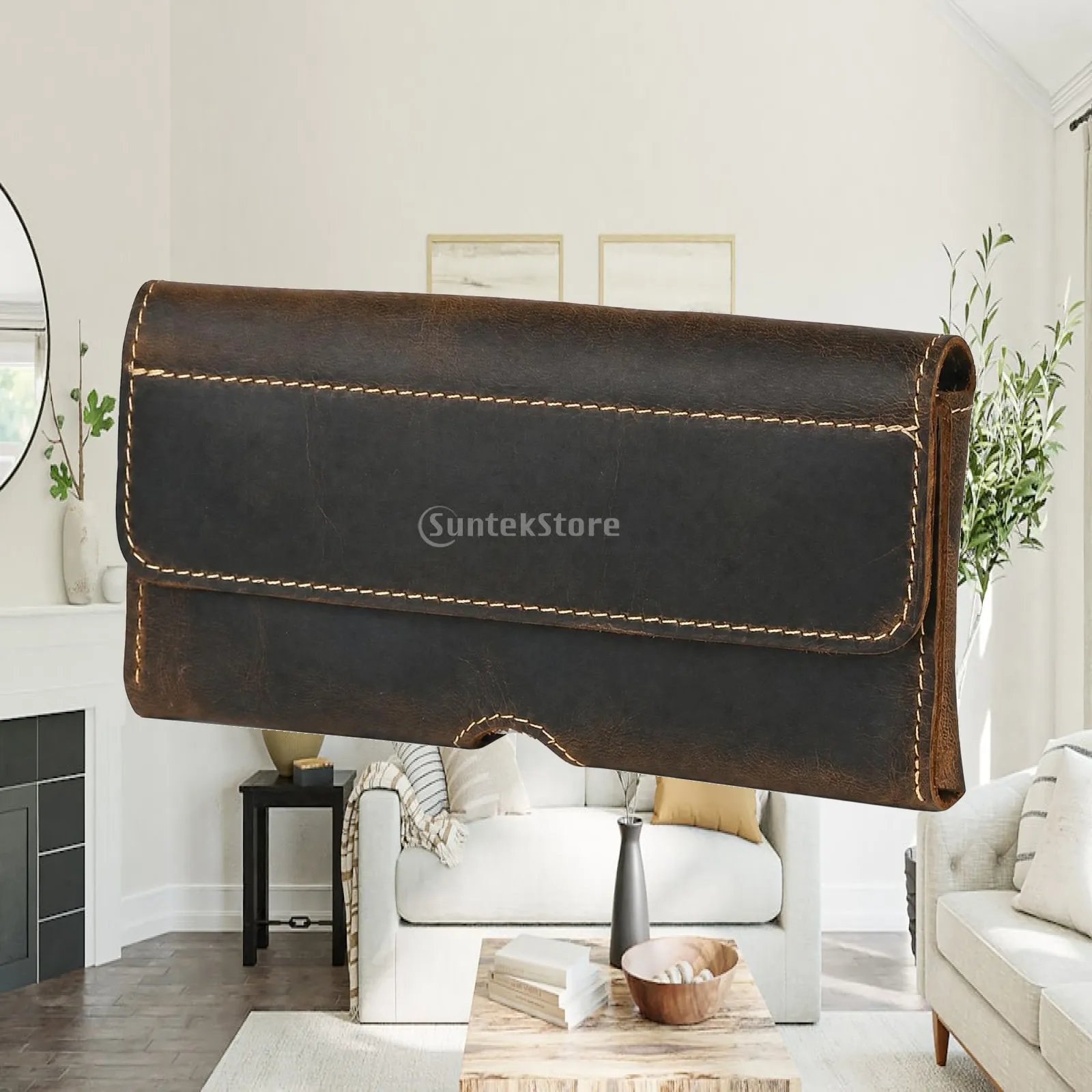 Men Waist Pouch Leather Cowhide Dark Distressed Retro Design with Front Compartment for Small Essentials