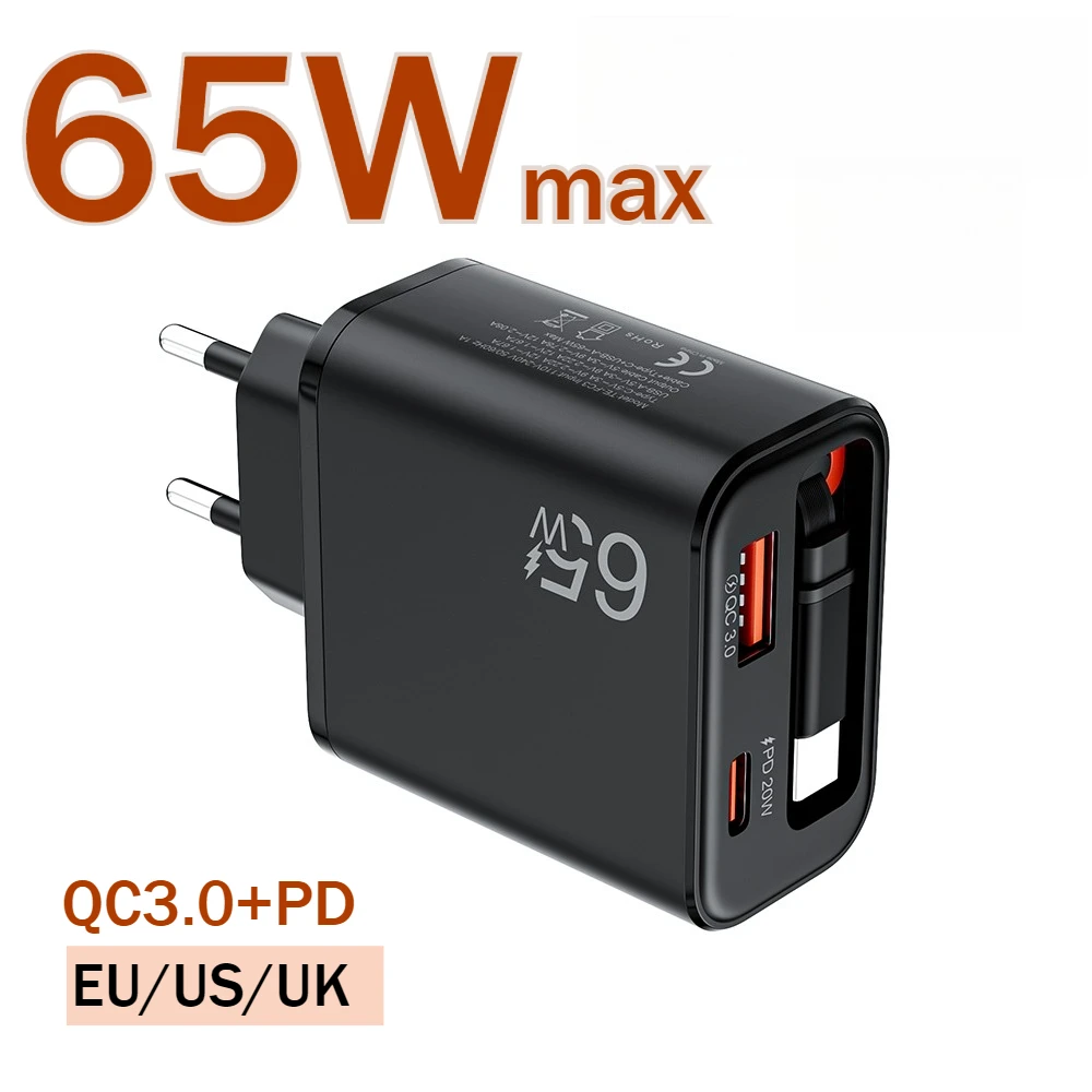 65W USB C Phone Charger QC 3.0 PD Wall Charger With Retractable Type C Cable Super Fast Charging Adapter For iPhone POCO Xiaomi