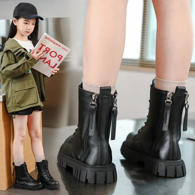 Side Zipper Kids Shoes Princess Knight Boots for Catwalk Winter Cute Girls Boots Children Fashion Autumn Black Cool Simple