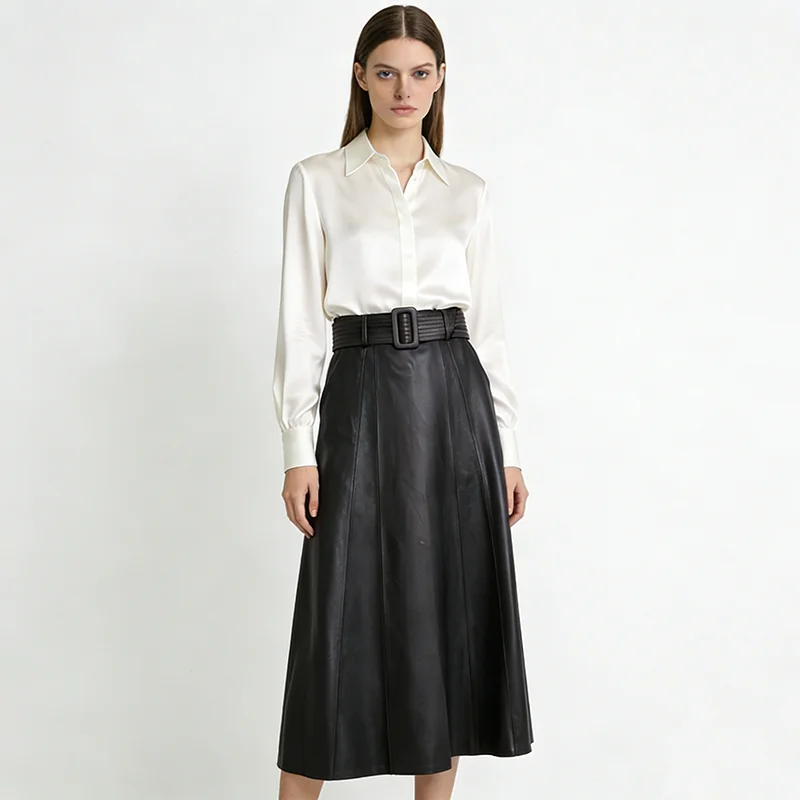 Women's Genuine Leather Long Skirt Autumn French Elegant High Waist Belt A-Line Umbrella Skirt Commuter Burgundy Sheepskin Flada