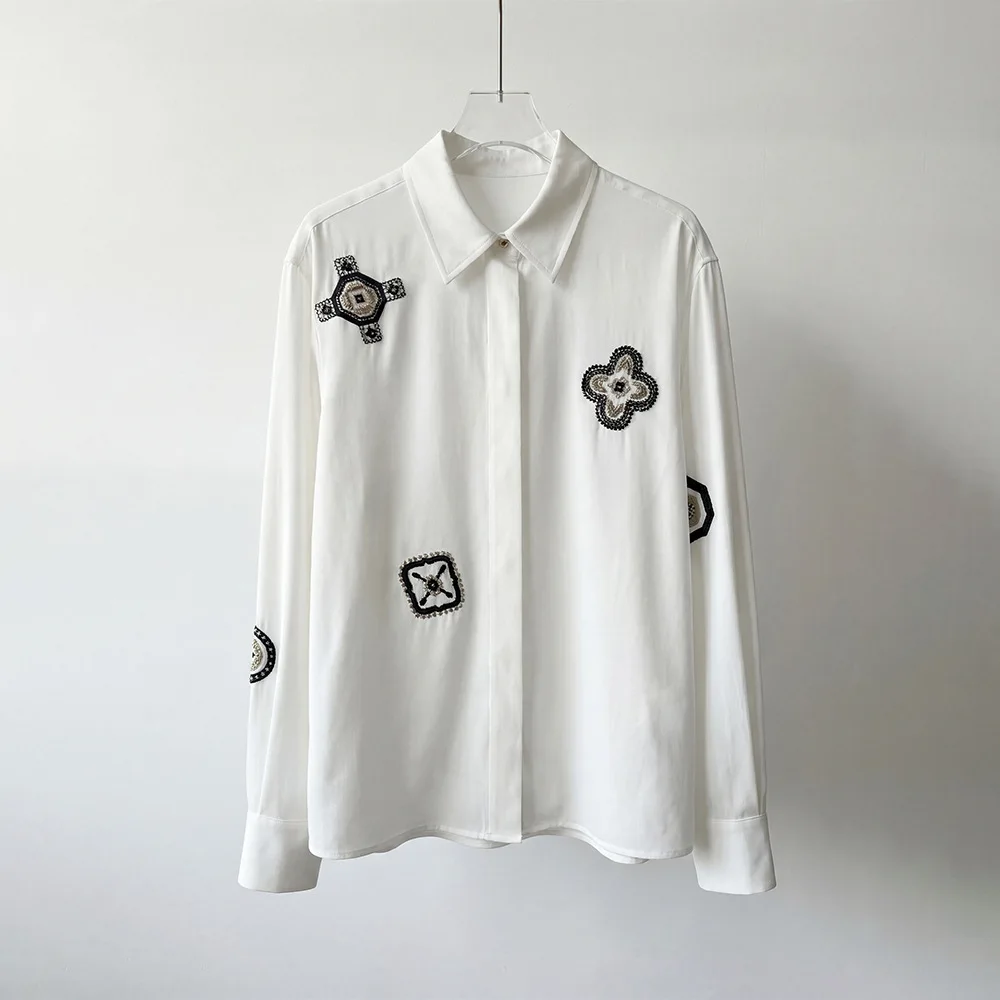 

2026 New Style Collar Geometric Pattern Embroidered Long-Sleeved Shirt Single-Button Casual Women's Shirt