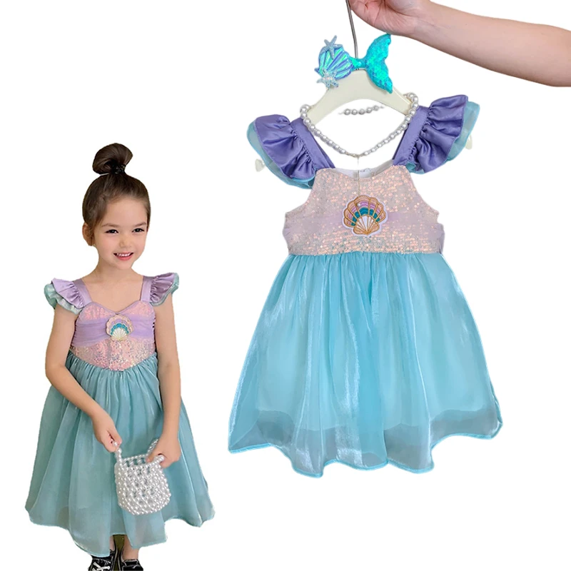 2024 Summer New Little Mermaid Vest Dress Children\'s Korean Style Flying Sleeves Princess Ariel Dress Children Birthday Clothes