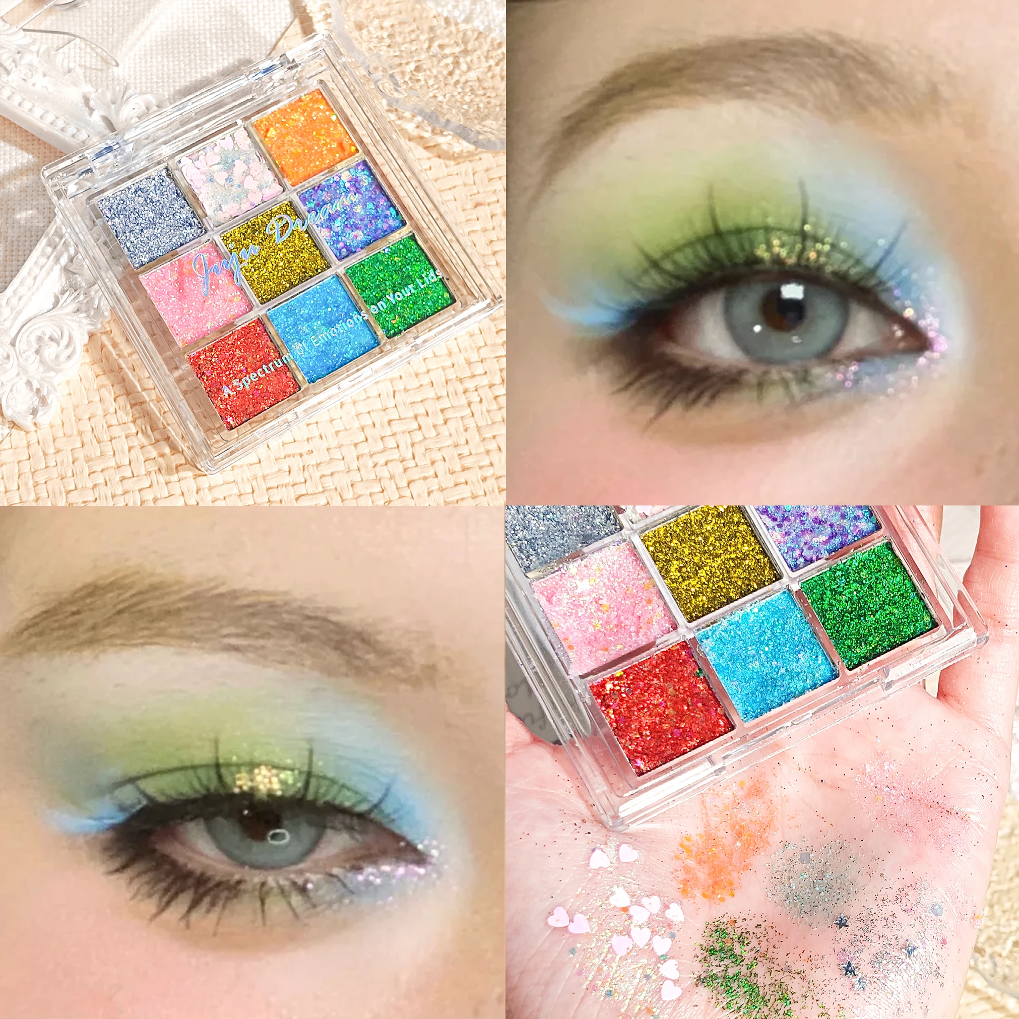 Paleta de sombras de 9 cores com lantejoulas e glitter - glitter dourado de alto pigmento, maquiagem de palco e festa, festivais de música/carnavais/Páscoa