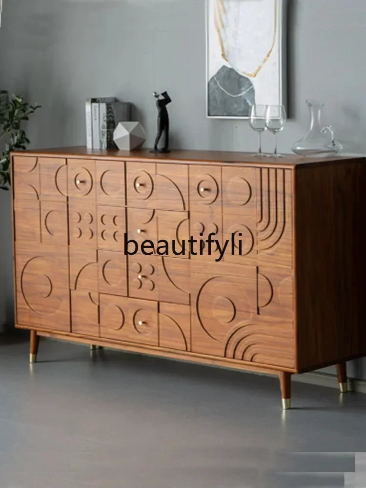 Simple retro side cabinet medieval chest cabinet entrance cabinet teak solid wood carving flower