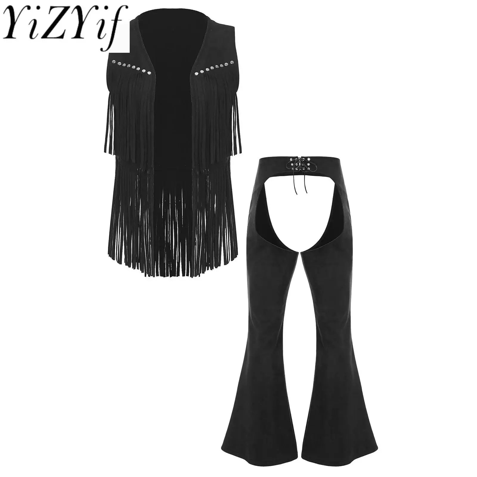 

Men Halloween Party Cowboy Faux Suede Vest Coat with Wide Leg Pants Role Play Suits for Vintage Cowboy Carnival Cosplay Costumes