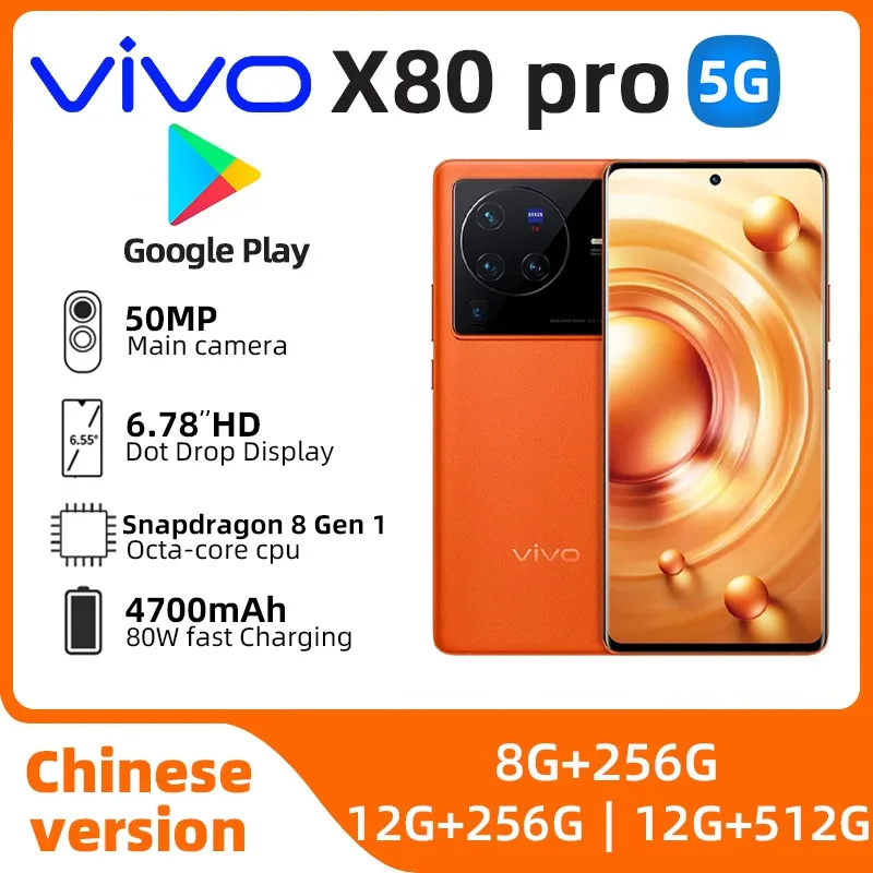 VIVO X80 Pro 5g SmartPhone Leeuwebek 8 Gen 1 6.78 inch QHD 4700 Mah 80 W 50 W Draadloos Laden NFC 50MP Originele gebruikte telefoon