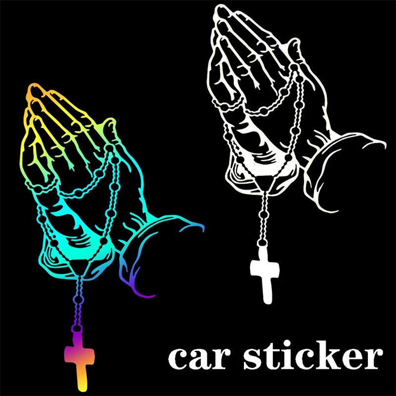 Car Praying Hands With Rosary Sticker Decals Religious Christian Vinyl Decal Waterproof Decal Auto Decoration