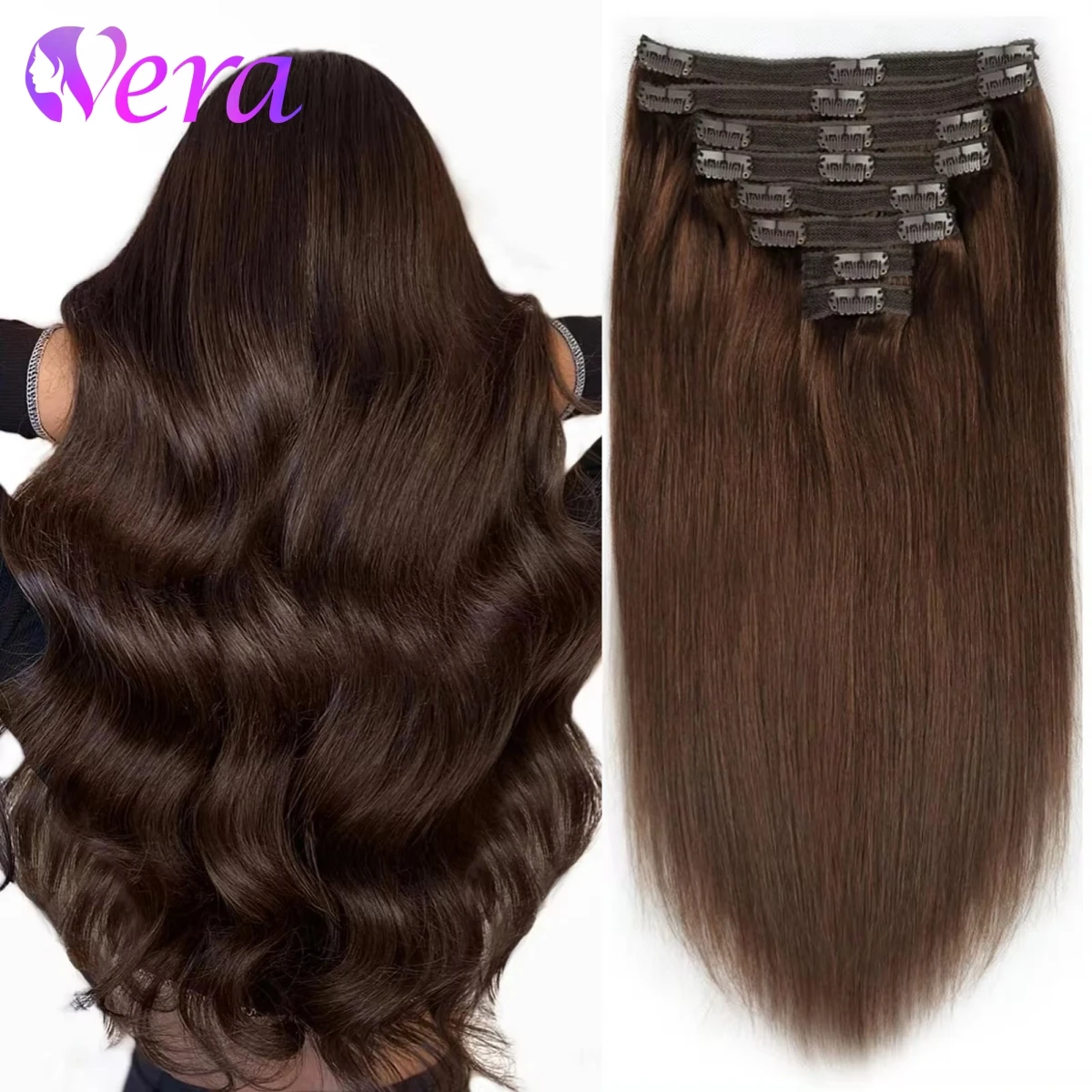 Extensiones de cabello humano Remy para mujer, color marrón Chocolate #4, 8 Clips de piezas rectos, 100G, 240G por paquete, cabeza completa