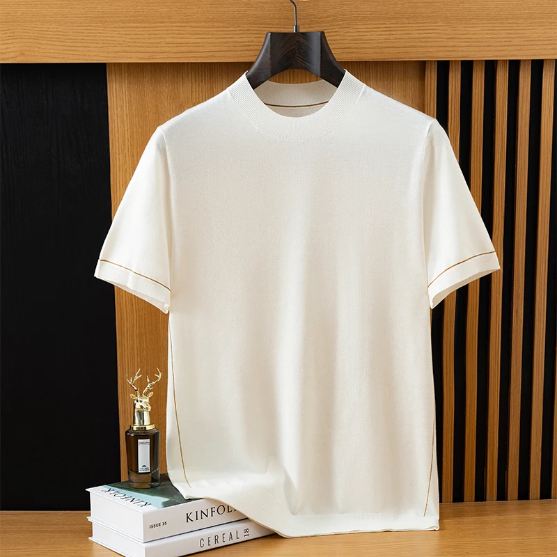

2026 Spring/Summer New Men's Short Sleeved 100% Wool T-Shirt Sweater O-neck Solid Color Loose Knit Pullover Business Casual Tops