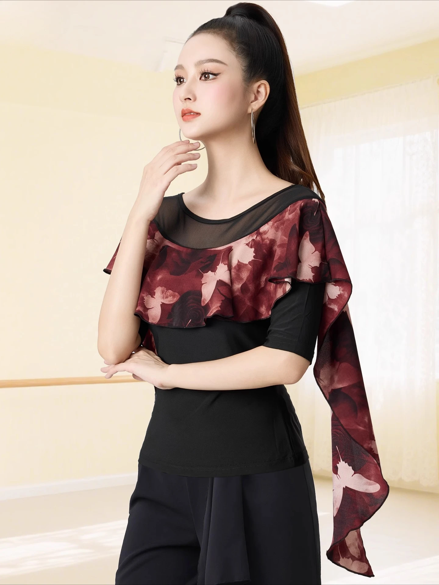 새로운 현대 댄스 탑 패션 인쇄 라틴 댄스 의류 우아한 크루 넥 라틴 댄스 의류