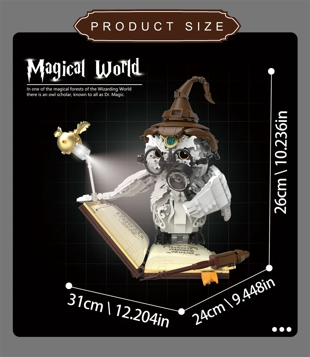 ตัวต่อ DK7037 นกฮูกพ่อมด 1162 ชิ้น ตาเรืองแสง หัวหมุนได้ ชุดประกอบโมเดลแฟนตาซีสำหรับนักสะสม ชุดของเล่นประกอบเอง