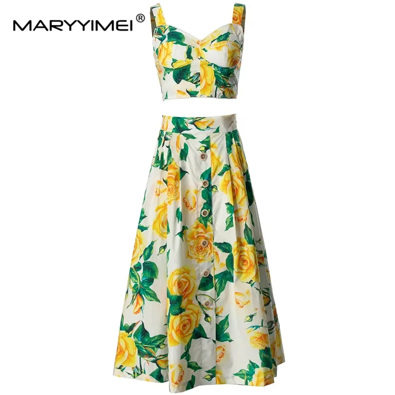 

MARYYIMEI Summer Women's Suit Spaghetti Strap Backless Tops+Button Elastic Waist Skirt Elegant Print Cotton 2 Piece Set