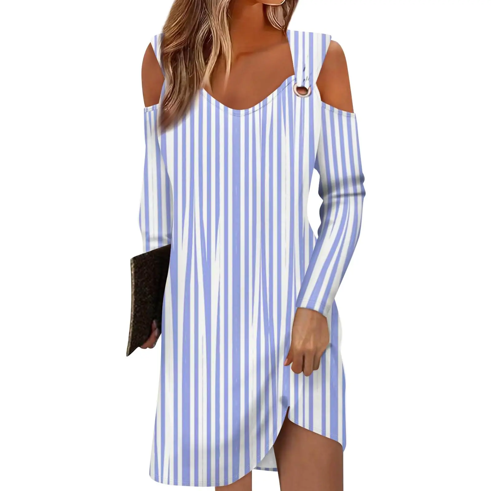 Vertical And Diagonal Series Fashion Cross-Border Digital Loose Casual Off Shoulder Buckle Skirt Beach Dress WholesaleWQ027