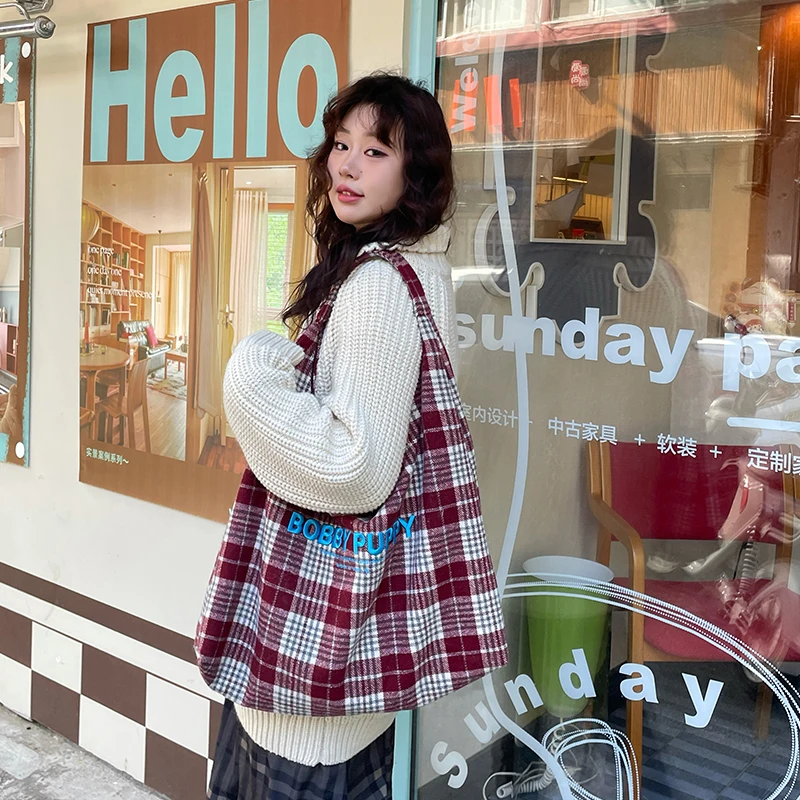 ELFSACK Y2K coréen Plaid lettre broderie grande capacité sac fourre-tout pour les femmes