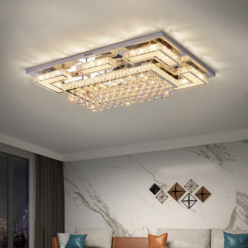 Modern Crystal Chandelier With Remote Control Dimming For Living Room Bedroom Kitchen Roof Home Rectangle Led Ceiling Light