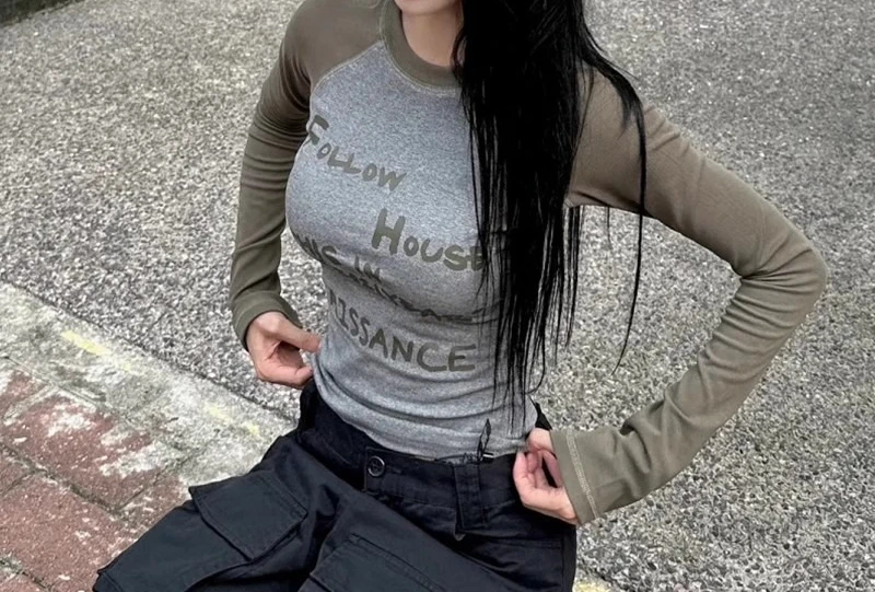 

Shoulder T-shirt Women's Spring/Autumn Letter Printed Short Long Sleeve Slim Bottom Shirt Top