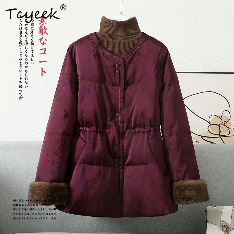 Tcyeek 가을 겨울 분리형 밍크 모피 새로운 중국 스타일 중간 길이 여성 화이트 거위 모피 코트 Fourrures Femme