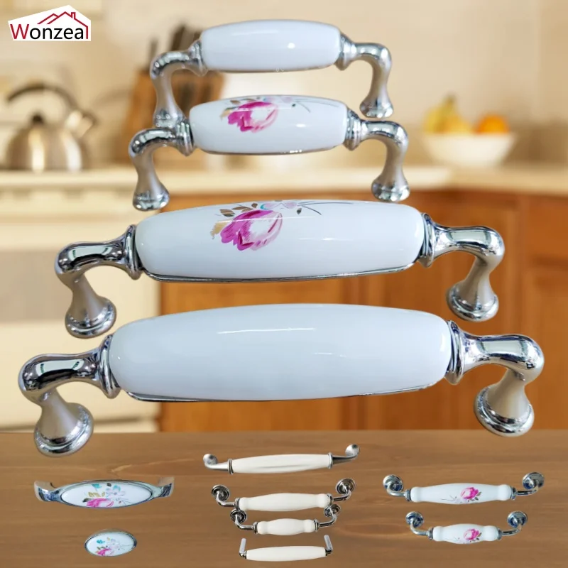 Modern White Ceramic Cabinet Handles Zinc Alloy Drawer Knobs Pulls Bright Chrome Wardrobe Door Handles Furniture Handle 96mm/128