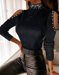 Top Women 2024 Spring Fashion Velvet Beaded Decor Cold Shoulder Casual Mock Neck Plain Long Sleeve Skinny Daily Tee Top