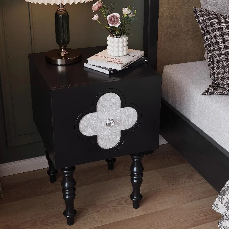 Mid-Century Solid Wood Nightstand French Bedside Cabinet Luxury Bedroom Side Table Vintage Home Storage Rack for Bedroom Decor