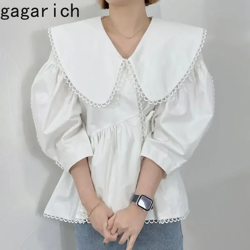 Gagarich Women Blouse Fashion Korean Chic Solid Lace Doll Collar Irregular Design Lace Bubble Sleeve Ruffle Shirt Tops