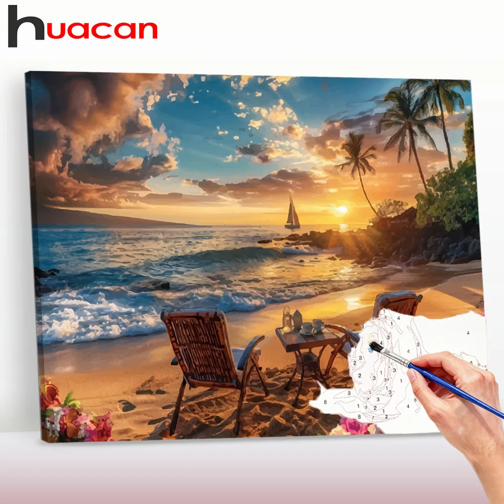 Huacan Malen nach Zahlen Leinwandgemälde Sonnenuntergang am Meer Blumen Landschaft DIY Bastelarbeiten Handgemachtes Bild Malerei ﻿ ﻿ ﻿