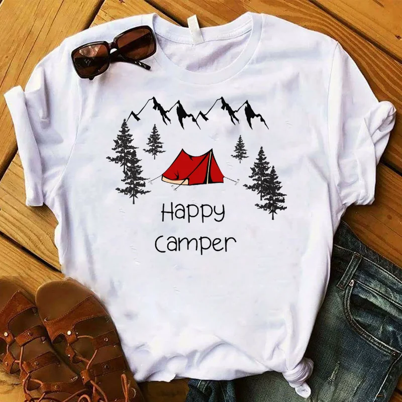 Fashion Women T Plus Size Happy Camper Floral Flower Road Trip Graphic Tee Shirt Femme Top Tshirt Female Ladies Clothes T-shirt