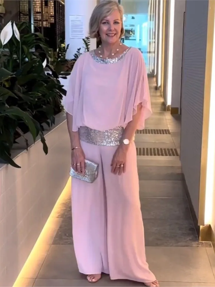 

Pink Women Clothing With Sequins, Elegant Office Uniform With Round Neck, Bat Sleeved Casual Top And Wide Leg Pants, 2-piece Set