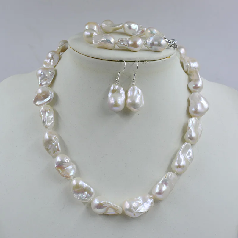 

14mm AAA Natural Baroque Pearl Necklace Bracelet Earring Set. Bridal Wedding Classic Jewelry 18“
