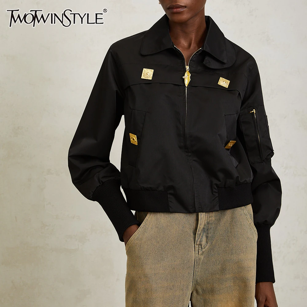

TWOTWINSTYLE модные повседневные куртки с блестками для женщин, лоскутная куртка на молнии с лацканами и длинными рукавами, женская одежда, новинка