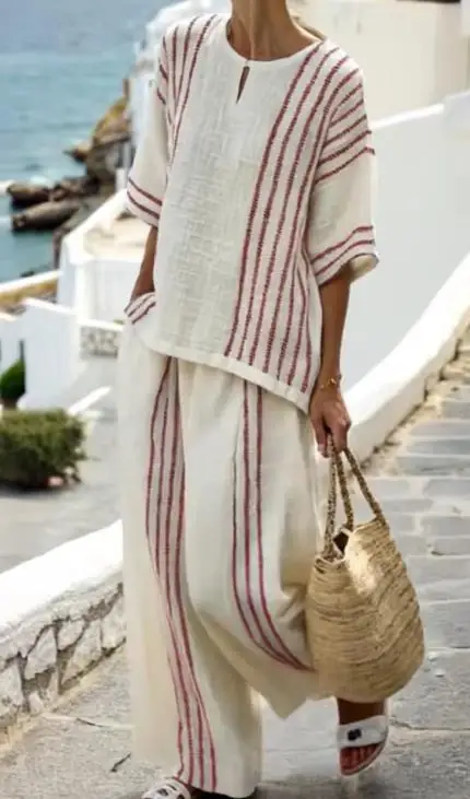 

Two Piece Set Women Outfit 2026 Spring Summer New Round Neck Striped Short Sleeve Loose Top & High Waist Casual Pants Set