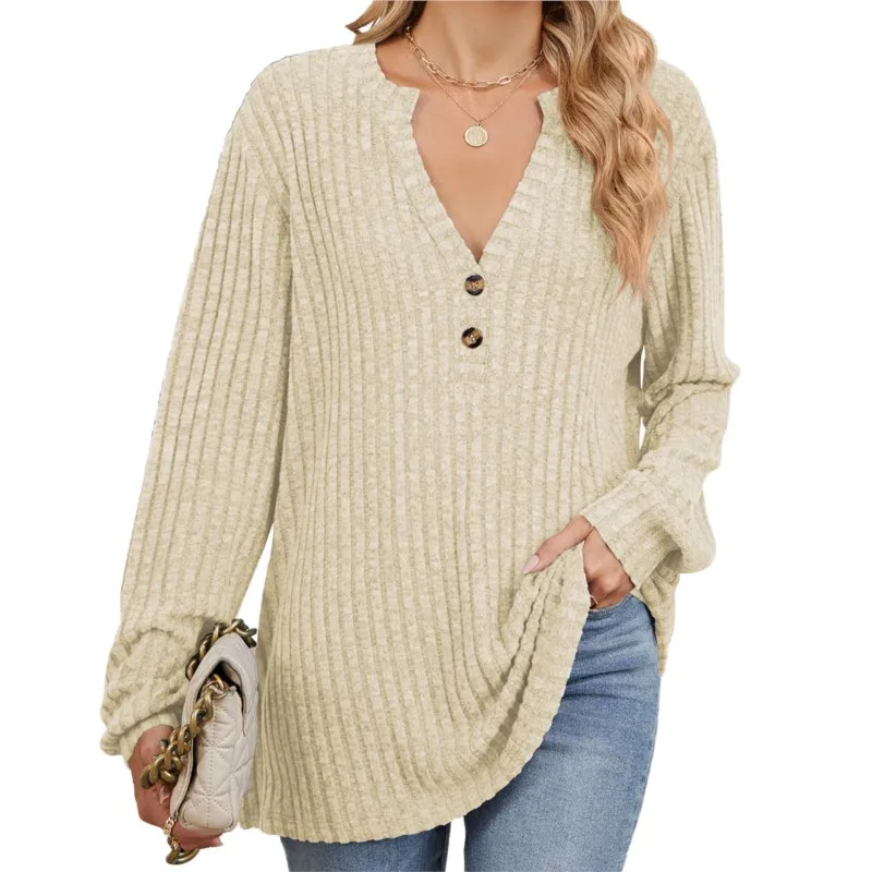 Lady Spring And Autumn Ribbed T-shirt With Brushed Buttons Front V-neck T-shirt Spring And Autumn Casual Long Sleeved Loose Top