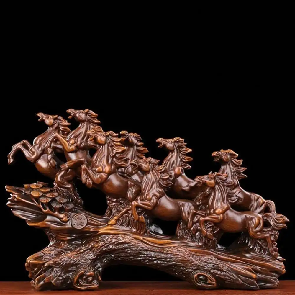 

Eight Horse Resin Statue, Auspicious Feng Shui Horse Sculpture For Home Decoration, Hand-Carved, Brings Wealth And Success, Brown Color, 34 X 10.5 X 21 Cm