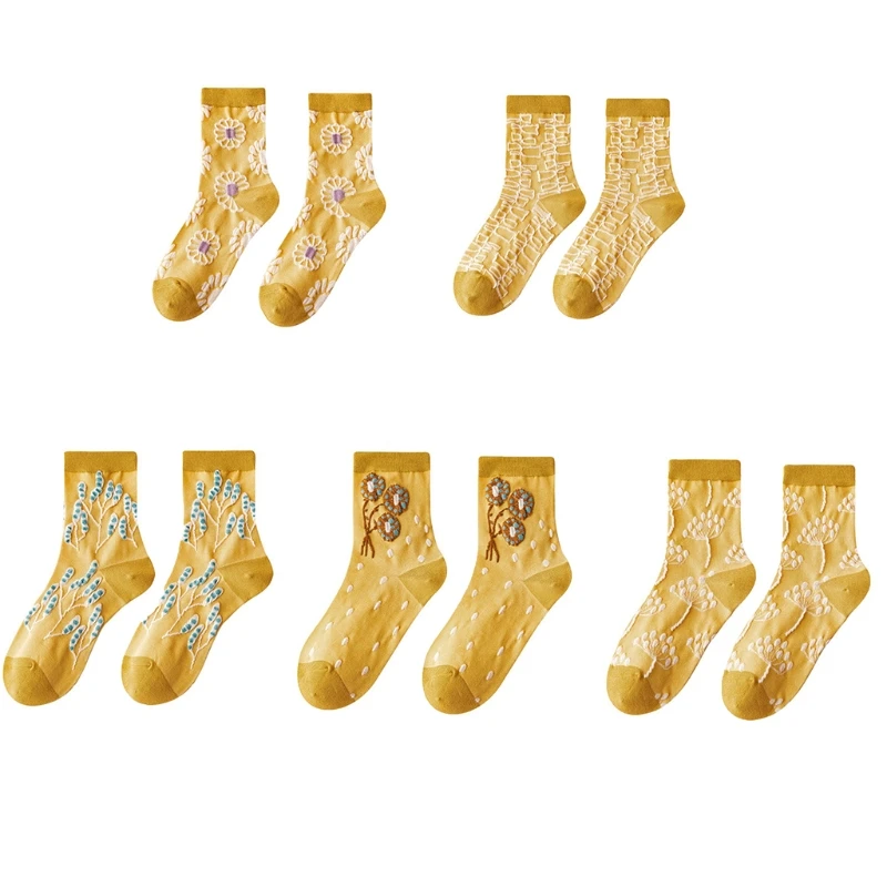 Women Vintage Yellow Cotton Socks Harajuku 3D Jacquard Embossed Floral Pattern Breathable Casual Student Hosiery