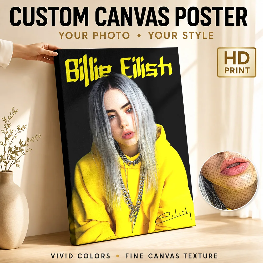 Billie Eilish Portrait Framed Canvas Poster Personalized Photo Modern Graphic Composition Wall Art For Home Recording Studio