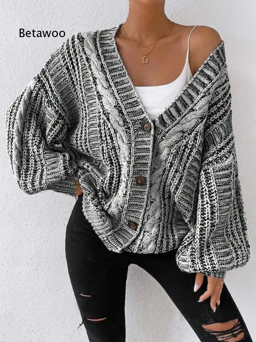 Autumn Daily Casual Outer Coat For Women Long Lantern Sleeve Cable Knit V Neck Button Closure Loose Mixed Color Outerwear