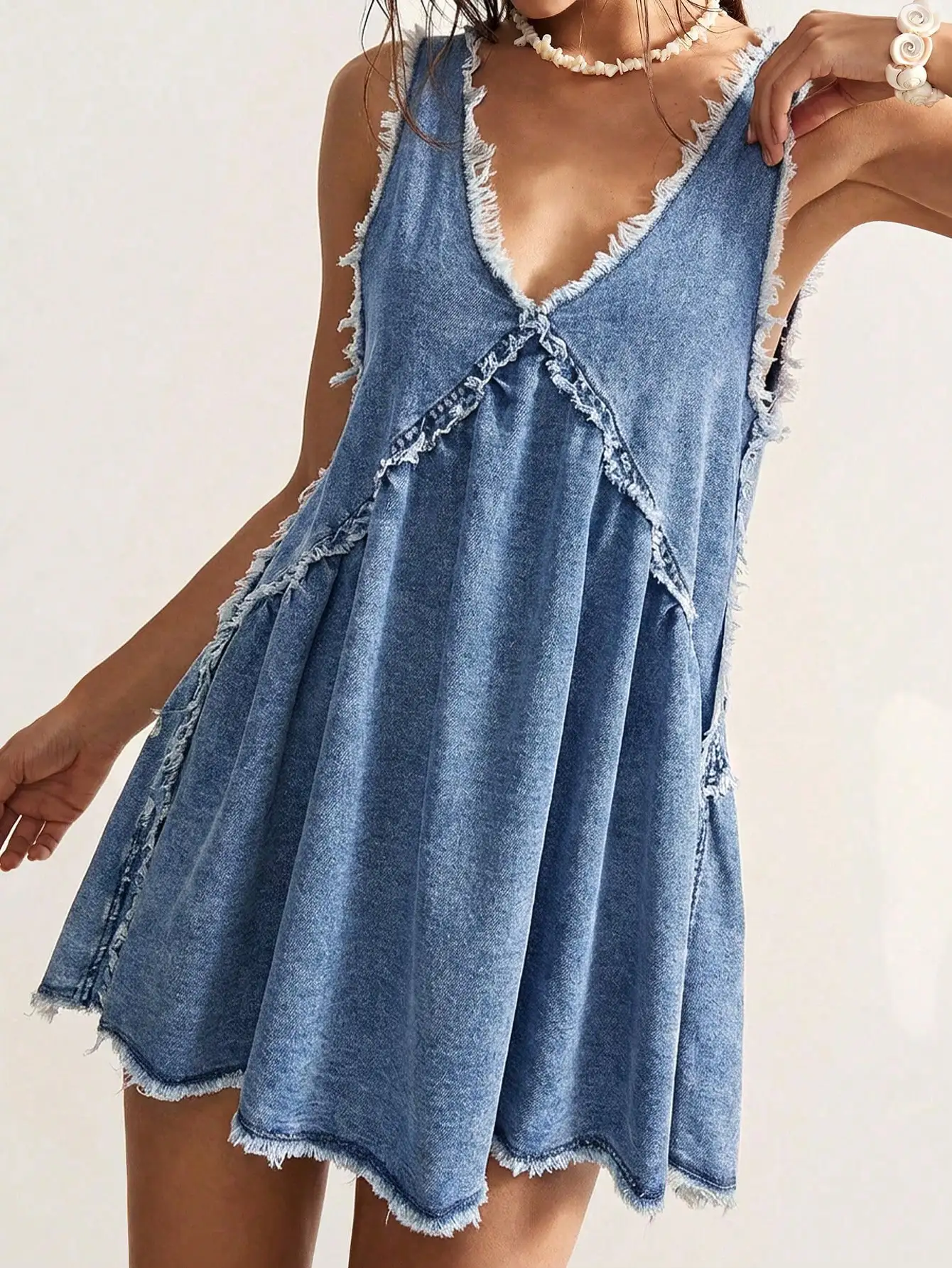 Vestido vaquero bohemio sin mangas con borde deshilachado, minivestido informal para mujer, verano
