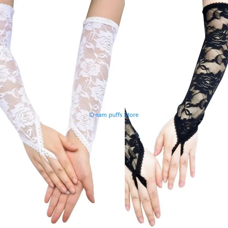 50LE Women Long Lace Flower Gloves Fingerless Gloves Breathable and Comfortable Arm Sleeves for Formal Occasion and Costumes