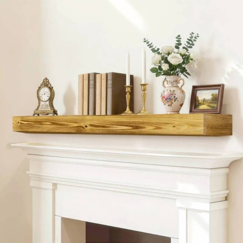 60 inch Fireplace Mantel, Rustic Fireplace Mantel Shelf with Brackets, Handcrafted Wood Floating Fireplace Mantel