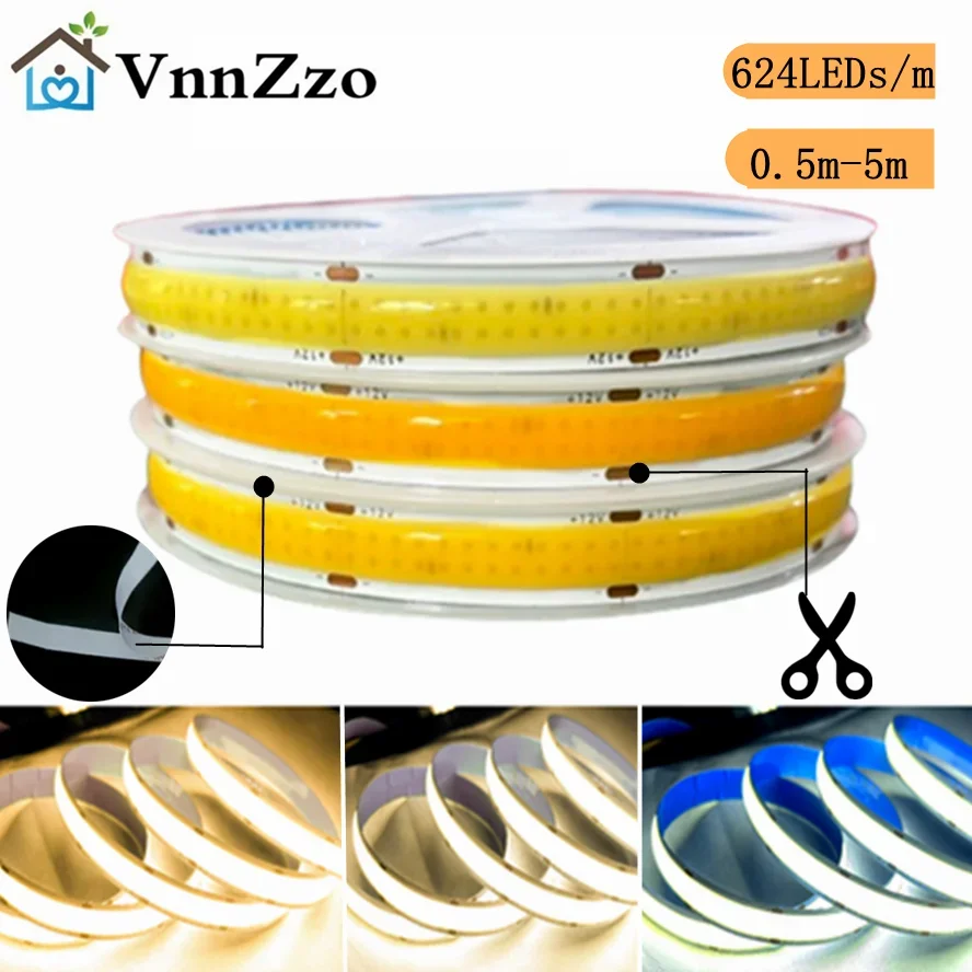 Double Row COB LED Lights Strip DC12V/24V High Brightness Flexible FOB LED Tape 624LEDs/m RA90 3000K 4000K 6000K Dimmable Strip