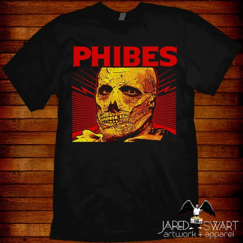 Dr. Phibes T-shirt artwork by Jared Swart. Sizes S M L XL 2XL 3XL 4XL 5XL also in ladies fit S-2XL