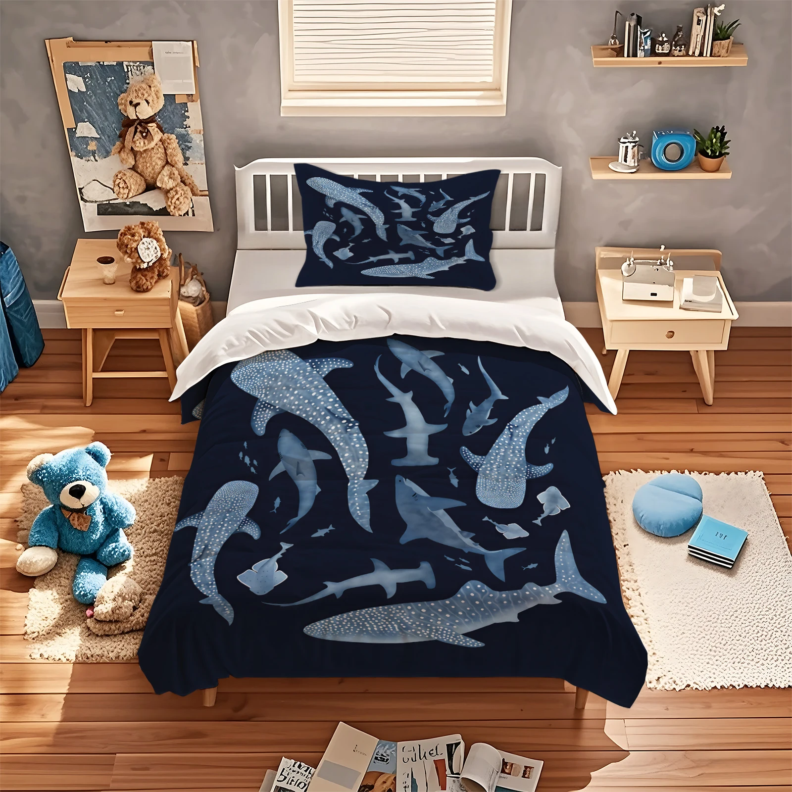 Deep Sea Shark Whale Shark Duvet Cover Set Marine Life Stingray Bedding Set Soft Navy Blue Ocean Animal Bed Linen Bedroom Decor