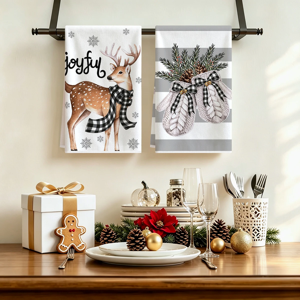 2/4/6Pcs Christmas Kitchen Towels Reindeer Snowman Xmas Tree Print Absorbent Multi‑Purpose Tea Towels Cleaning Dish Cloths