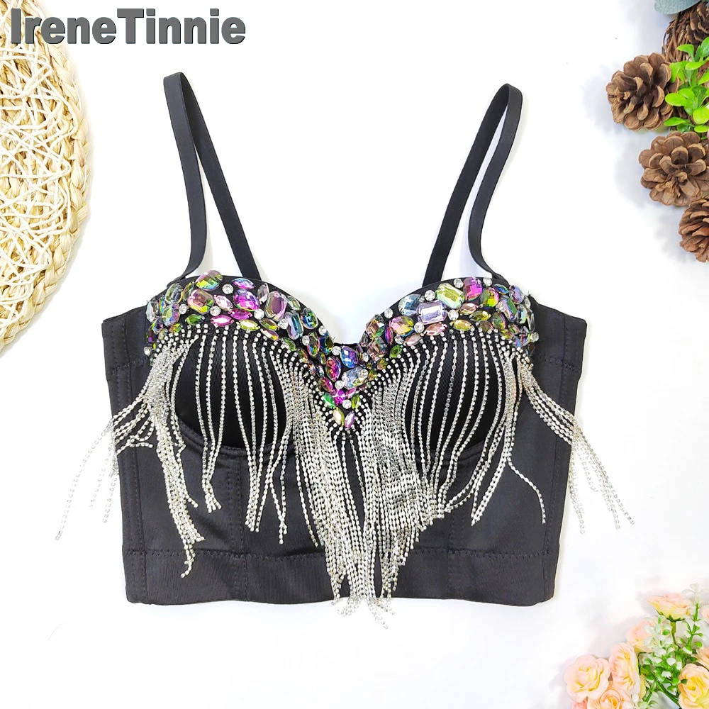 IRENE TINNIE Luxury For Women Nightclub Party Outfit Backless Color Nail Bead Diamond Tassel Crop Tank Top Black Corsets Clothes