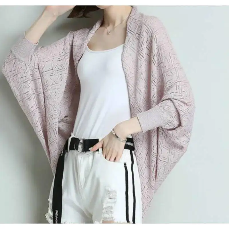 

Spring Summer Blouses Wear Women Ice Silk Knitted Cardigan Sunproof Hollow Shawl Poncho Lady Capes Knitting Blue Cloaks