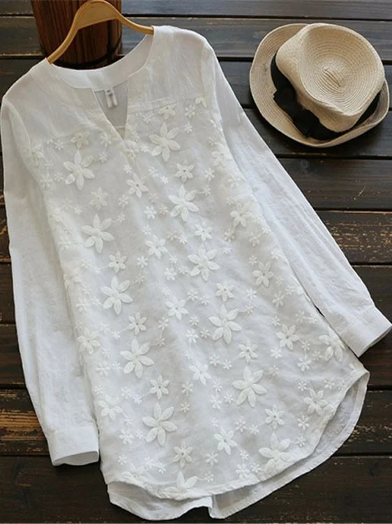 

Retro Sle Oversized irt Women's Spring Autumn Cotton Linen Mid-Length Long Sve V-Ne Embroidered Pullover White Base ...