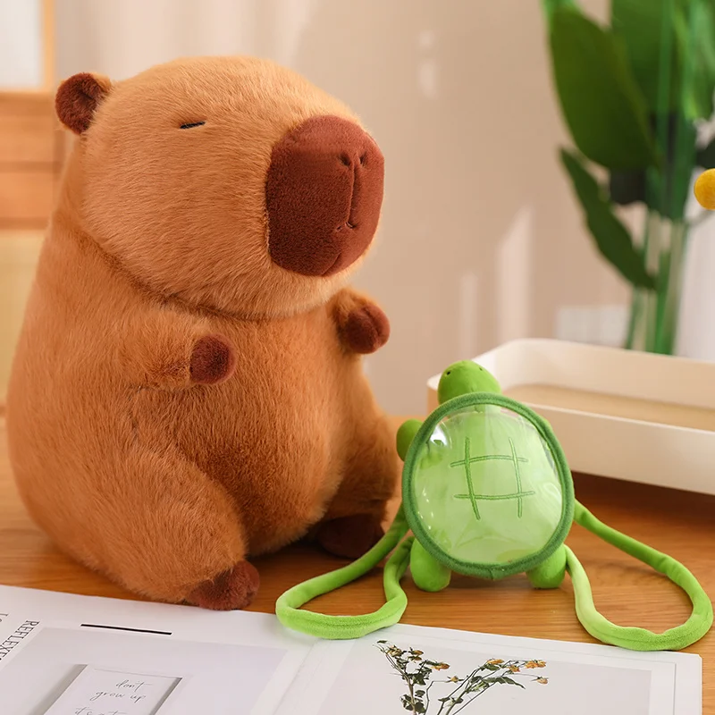 Cute Capybara Plush Toy Kawaii Fluffy Capybara With Turtle Bag Strawberry Cap Stuffed Animals Kids Gift Home Decoration