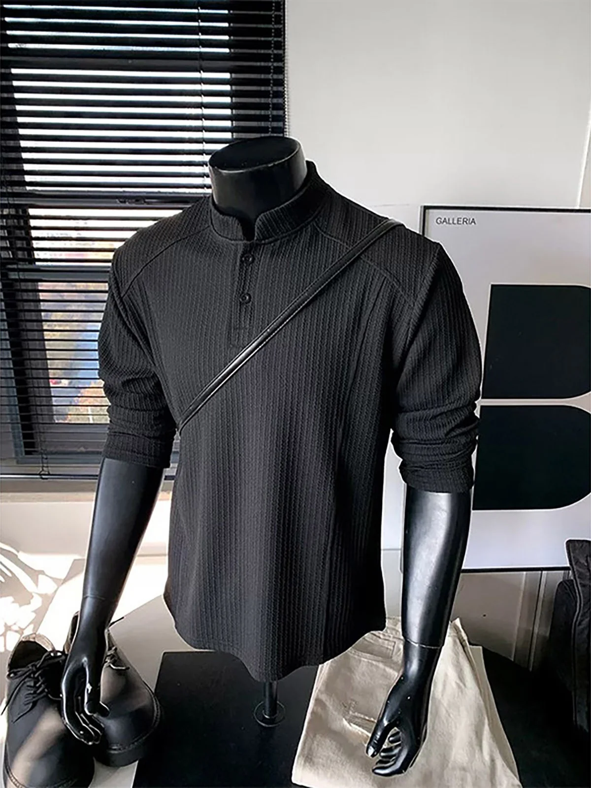 Textured Henry Collar Long Sleeve T-Shirt Men's Casual Lightweight Heavy Duty Deconstructed Stand Collar Sweatshirt Inner Shirt