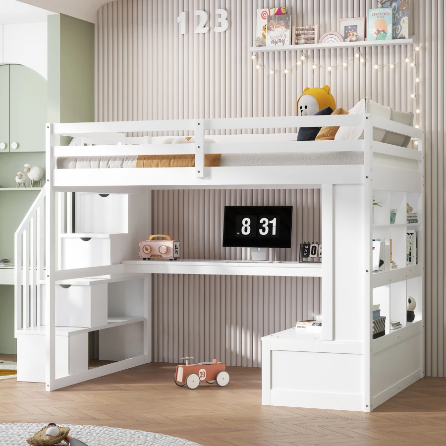 Full Size Loft Bed with Desk and Shelves, Two Built-in Drawers, Storage Staircase, White Fits Bedrooms