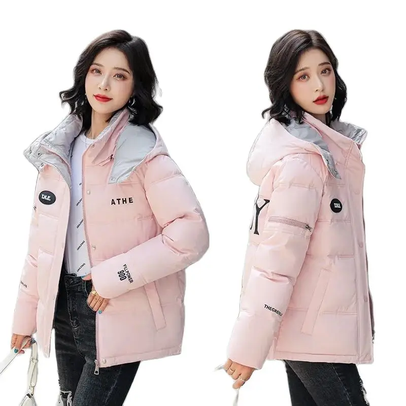 

New Down Cotton Female Jacket Korean Version Loose Hooded Winter Schoolgirl Bread Clothes Short Printing Letter Women's Coat